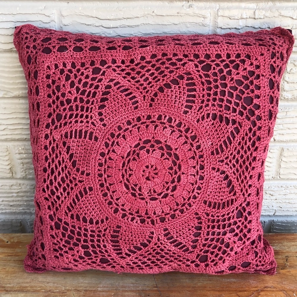 Dark Red Cotton Floral Crochet Top Square Accent Pillow 15”